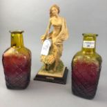 A PAIR OF COLOURED GLASS BOTTLE VASES AND OTHER CERAMICS