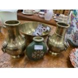 A PAIR OF CHINESE BRASS VASES ALONG WITH A BOWL
