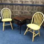 A WICKER CHAIR, TWO OCCASIONAL TABLES AND TWO STICK BACK CHAIRS