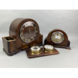 A MAHOGANY CASED MANTEL CLOCK, ANOTHER CLOCK AND A BAROMETER