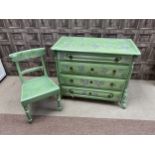 A PAINTED PINE CHEST OF FOUR DRAWERS ALONG WITH A BEDROOM CHAIR