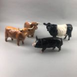 A BESWICK HIGHLAND COW, TWO OTHERS AND A PIG