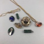 A VICTORIAN GOLD PLATED MOURNING BROOCH AND OTHER ITEMS