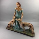 AN ART DECO STYLE PLASTER FIGURE GROUP OF A LADY WITH TWO BORZOI DOGS