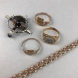 A LOT OF THREE GOLD GENTLEMEN'S RINGS, GOLD NECKLACE AND SILVER BROOCH