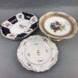 A BLOOR DERBY CIRCULAR PLATE, DERBY DISH AND A STEMMED COMPORT