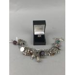 A NINE CARAT GOLD CLUSTER RING AND A CHARM BRACELET WITH SILVER AND OTHER CHARMS