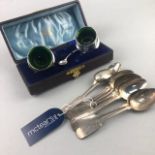A PAIR OF SILVER CIRCULAR SALT DISHES AND SILVER SPOONS