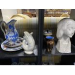 A COMPOSITE FEMALE BUST, BLUE AND WHITE CERAMIC JUG AND OTHER CERAMICS