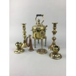 A BRASS KETTLE, A PAIR OF BRASS CANDLESTICKS AND OTHER BRASS WARE