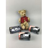 A VINTAGE TEDDY BEAR AND DIE-CAST VEHICLES