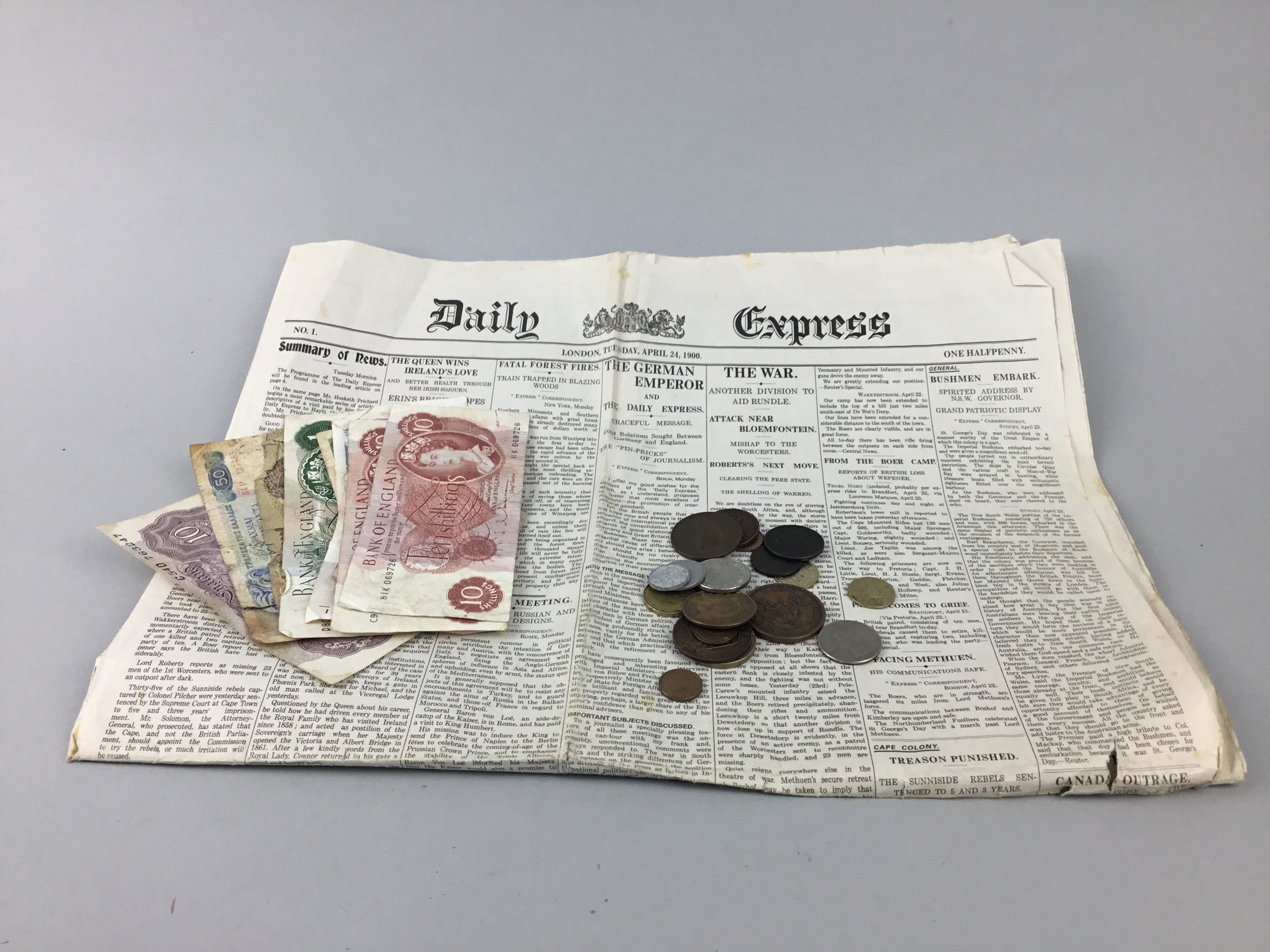 A LOT OF COINS AND BANKNOTES ALONG WITH A BROADSHEET