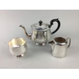 A LOT OF SILVER PLATED ITEMS INCLUDING A THREE PIECE TEA SERVICE
