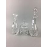 A CRYSTAL DECANTER WITH STOPPER AND OTHER CRYSTAL WARE