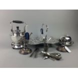 A LOT OF SILVER PLATED ITEMS INCLUDING CANDLESTICKS AND CUTLERY