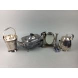 A SILVER PLATED MINIATURE DRESSING GLASS AND OTHER SILVER PLATED WARE