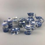 A LOT OF BLUE AND WHITE CERAMICS INCLUDING JUGS AND BOWLS