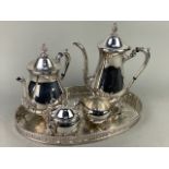 A SILVER PLATED FOUR PIECE TEA SERVICE AND AN OVAL TRAY