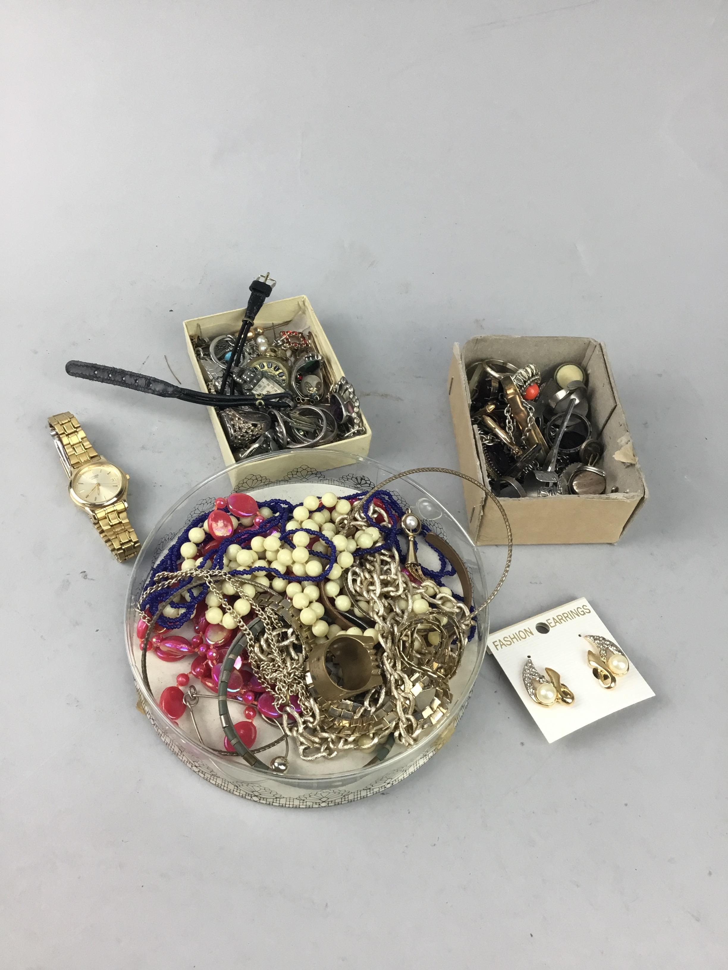 A LOT OF COSTUME JEWELLERY, WATCHES AND COINS INCLUDING TWO NINE CARAT GOLD PENDANTS - Image 2 of 2