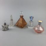 AN ART DECO STYLE COLOURED GLASS PERFUME BOTTLE AND OTHER PERFUME BOTTLES