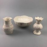 A LOT OF TWO BELLEEK VASES AND A BOWL