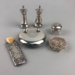 A SILVER SALT AND PEPPER ALONG WITH SILVER AND OTHER ITEMS