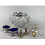 A SILVER NAPKIN RING, A CRYSTAL BOWL WITH SILVER RIM AND OTHER ITEMS
