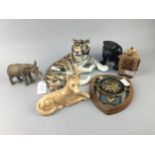 A LOT OF THREE CERAMIC ANIMAL FIGURES AND OTHER ITEMS