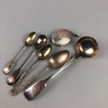 A SILVER LOCKET ALONG WITH SILVER AND OTHER SPOONS
