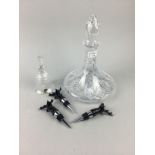 A SHIPS' STYLE GLASS DECANTER ALONG WITH OTHER ITEMS