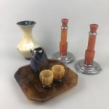 A PAIR OF RETRO CANDLESTICKS, A GLASS VASE, PLATES AND TWO EGG CUPS