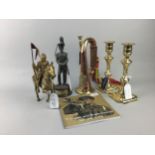 A BRASS FIGURE OF A KNIGHT, A REPRODUCTION BUGLE AND OTHER ITEMS