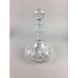 A CRYSTAL DECANTER WITH STOPPER AND OTHER CRYSTAL WARE