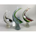 A LOT OF THREE MURANO GLASS FIGURES OF FISH AND ANOTHER