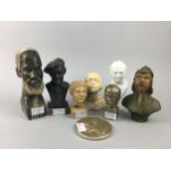AN AFRICAN NATIVE CARVED SOAPSTONE BUST AND OTHER BUSTS
