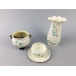 A BELLEEK VASE, BELLEEK CUP AND SAUCER AND OTHER CERAMICS