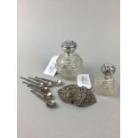 A LOT OF TWO EDWARDIAN SILVER LIDDED SCENT BOTTLES AND OTHER ITEMS