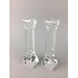 A PAIR OF GLASS CANDLESTICKS AND DRINKING GLASSES