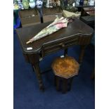 A MAHOGANY HALL TABLE, VINTAGE PARASOL AND AN OCCASIONAL TABLE