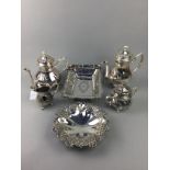 A SILVER PLATED TEA/COFFEE SERVICE ALONG WITH A BASKET AND A COMPORT