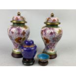 A PAIR OF 20TH CENTURY CHINESE CLOISONNE LIDDED VASES, OTHER CLOISONNE AND COMPOSITION FIGURES