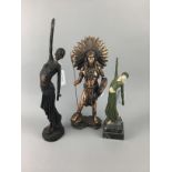 A REPRODUCTION BRONZE FIGURE OF A FEMALE DANCER AND TWO OTHERS