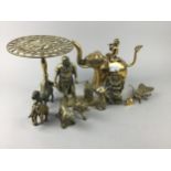 A BRASS FIGURE OF A MALE SEATED ON AN ELEPHANT AND OTHER BRASS ITEMS