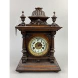 A LATE VICTORIAN WALNUT MANTEL CLOCK AND A DESK INKSTAND