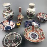 A LOT OF THREE CHINESE IMARI BOWLS AND OTHER ASIAN CERAMICS