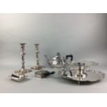 A LOT OF SILVER PLATED WARE INCLUDING CANDLESTICKS