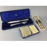 A SILVER PLATED BREAD KNIFE AND FORK AND OTHER CASED CUTLERY