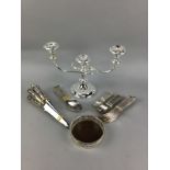 A SILVER PLATED TWIN BRANCH CANDLABRUM ALONG WITH CUTLERY