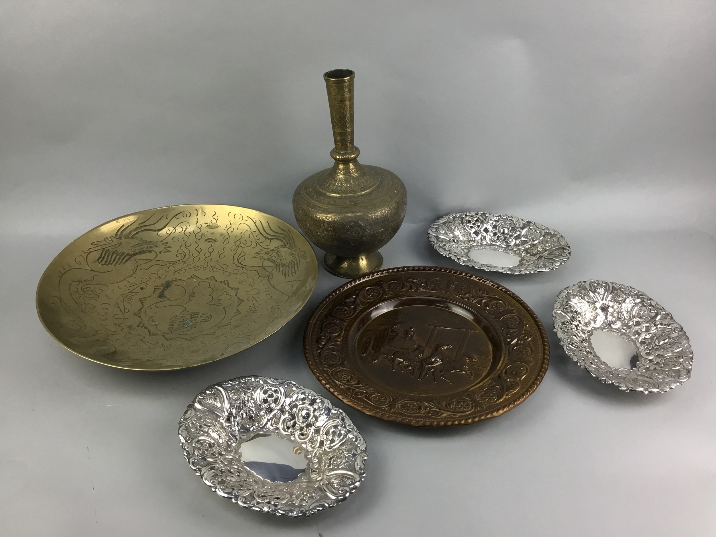 A LOT OF BRASS AND SILVER PLATED WARE