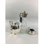 A SILVER PLATED AND GLASS CLARET JUG AND OTHER PLATED WARE